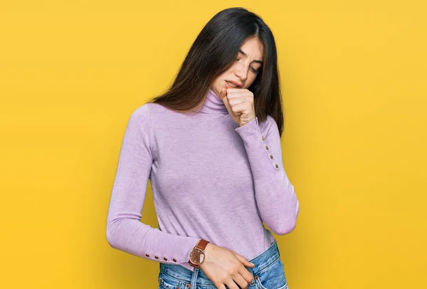 Young Beautiful Teen Girl Wearing Turtleneck Sweater Feeling Unwell Coughing — Stockfoto