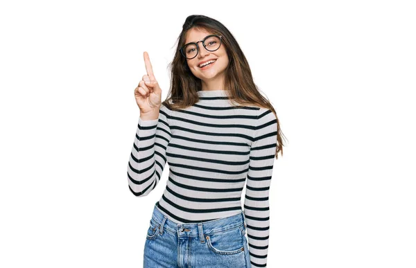 Young Beautiful Teen Girl Wearing Casual Clothes Glasses Showing Pointing — Stok fotoğraf