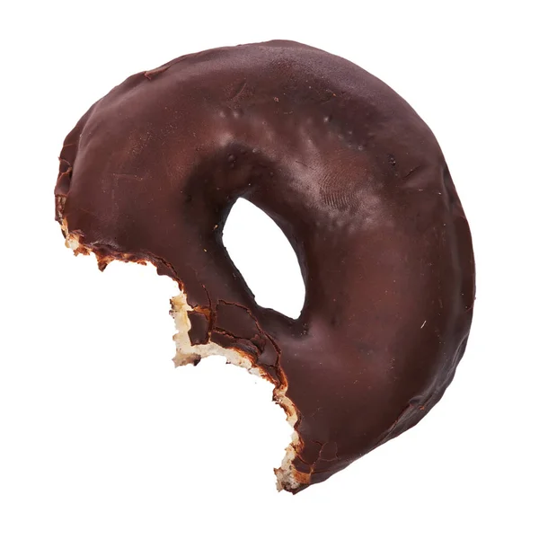 Single Bitten Chocolade Donut Geïsoleerd Een Witte Achtergrond — Stockfoto