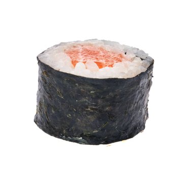  Beyaz arka planda tek başına kalmış somon balığı suşisi.