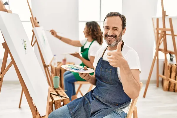 Hispanic Middle Age Man Mature Woman Art Studio Smiling Happy — ストック写真