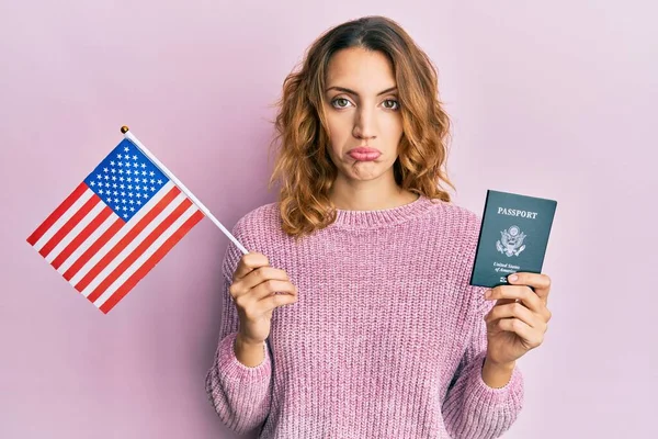 Young Caucasian Woman Holding United States Flag Passport Depressed Worry — Stock Photo, Image