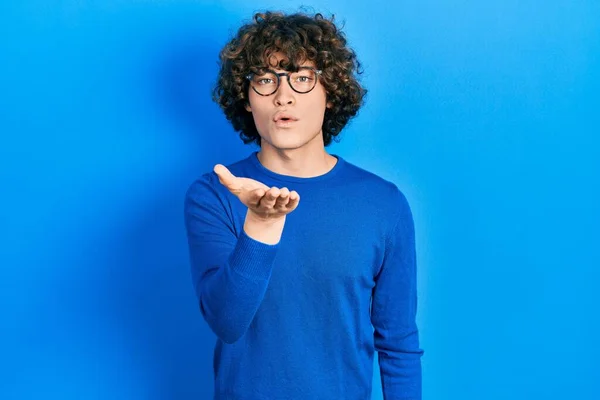 Handsome Young Man Wearing Casual Clothes Glasses Looking Camera Blowing — Stockfoto