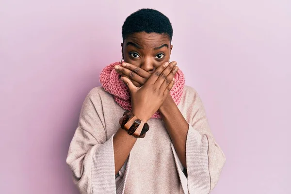 Young African American Woman Wearing Winter Scarf Shocked Covering Mouth — 图库照片