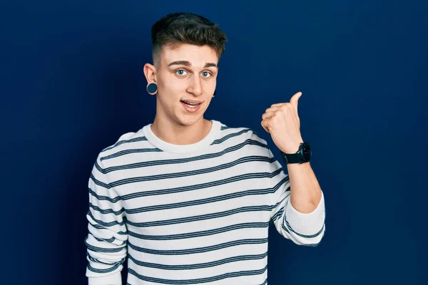 Young Caucasian Boy Ears Dilation Wearing Casual Striped Shirt Smiling — Stok Foto