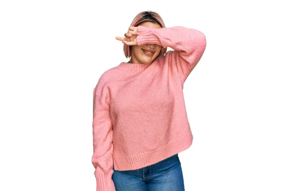 Hispanic Woman Pink Hair Wearing Casual Winter Sweater Covering Eyes — Stock Photo, Image