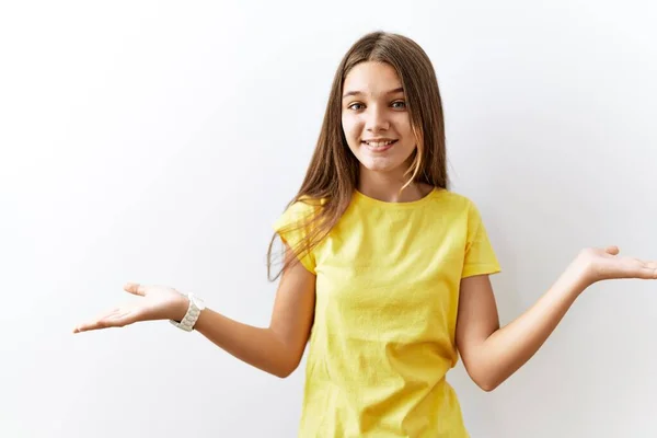 Jong Brunette Tiener Staan Samen Geïsoleerde Achtergrond Glimlachen Tonen Beide — Stockfoto