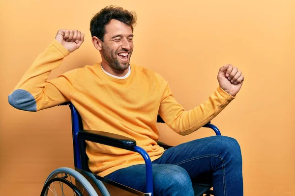 Handsome Man Beard Sitting Wheelchair Dancing Happy Cheerful Smiling Moving — стоковое фото