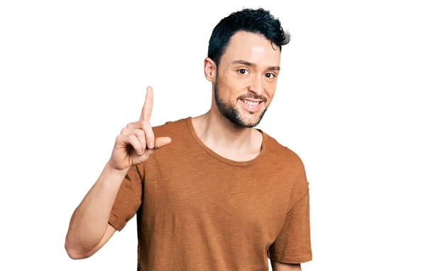 Hispanic Man Beard Wearing Casual Shirt Smiling Idea Question Pointing — Stockfoto