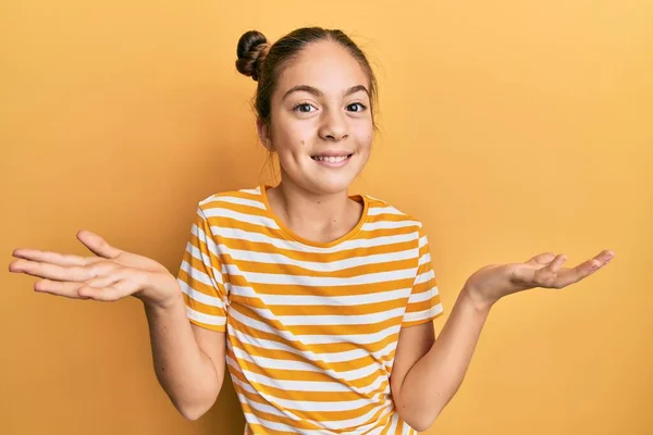 Beautiful Brunette Little Girl Wearing Casual Striped Shirt Smiling Showing — Stock Photo, Image