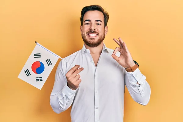 Handsome Caucasian Man Beard Holding South Korea Flag Doing Sign — Stock fotografie