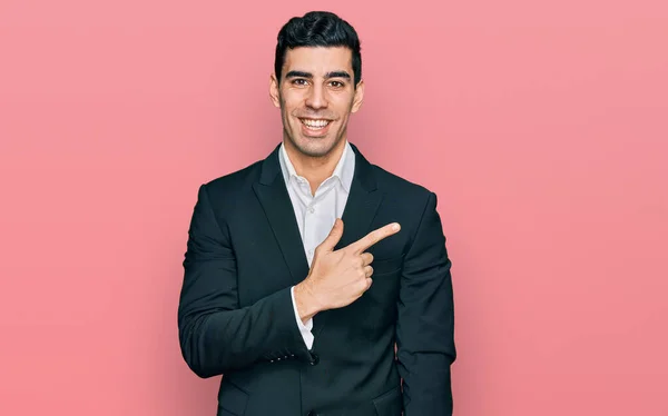 Handsome Hispanic Man Wearing Business Clothes Cheerful Smile Face Pointing — Fotografia de Stock
