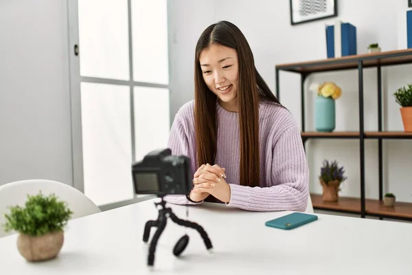 Young Chinese Girl Having Video Call Using Camera Sitting Table — Stock Photo, Image