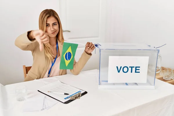 Blonde Beautiful Young Woman Political Campaign Election Holding Brazil Flag — Fotografia de Stock