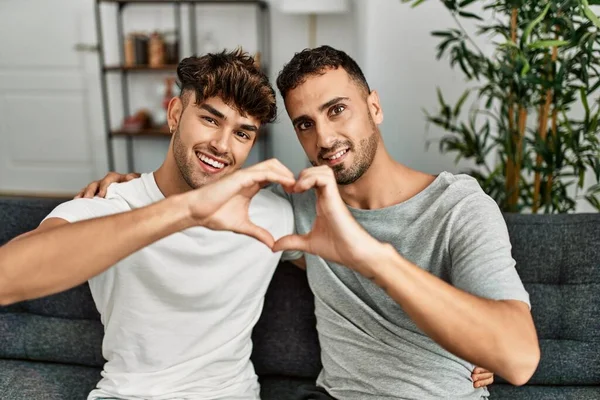 Two Hispanic Men Couple Smiling Confident Doing Heart Shape Hands — Fotografia de Stock