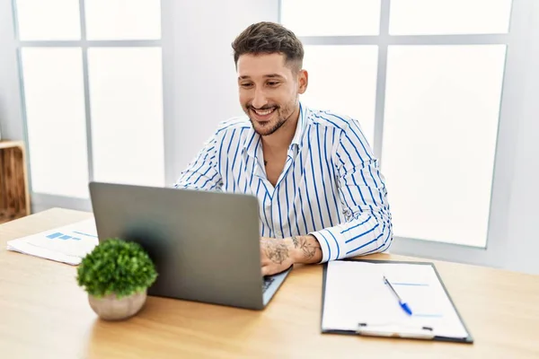 Young Handsome Man Beard Working Office Using Computer Laptop Happy — Stock Fotó