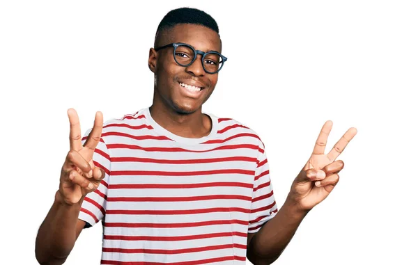 Young African American Man Wearing Casual Shirt Glasses Smiling Looking — Stockfoto