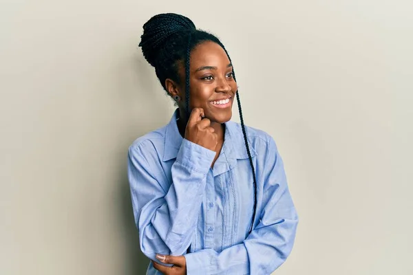 African American Woman Braided Hair Wearing Casual Blue Shirt Thinking — Stock Photo, Image