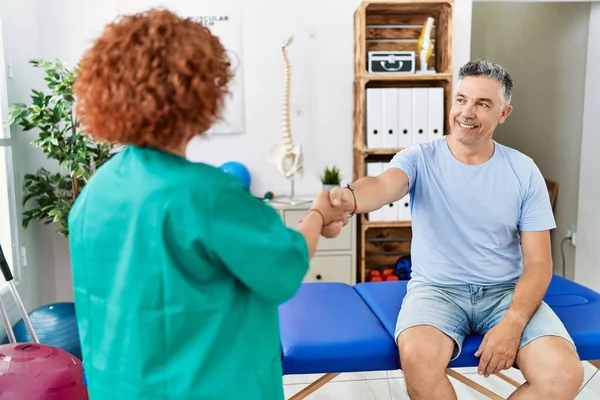 Middle Age Man Woman Wearing Physiotherapy Uniform Having Rehab Session — Stock Photo, Image