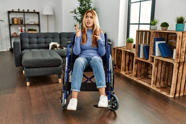 Young Beautiful Woman Sitting Wheelchair Home Crazy Mad Shouting Yelling — Fotografia de Stock