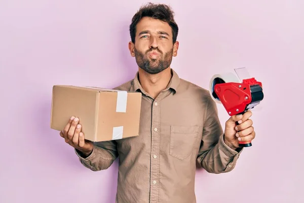 Handsome Man Beard Holding Packing Tape Holding Cardboard Looking Camera — Foto Stock