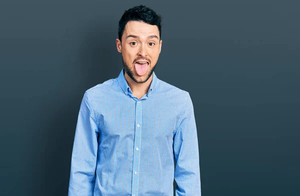 Hispanic Man Beard Wearing Casual Business Shirt Sticking Tongue Out — Stockfoto