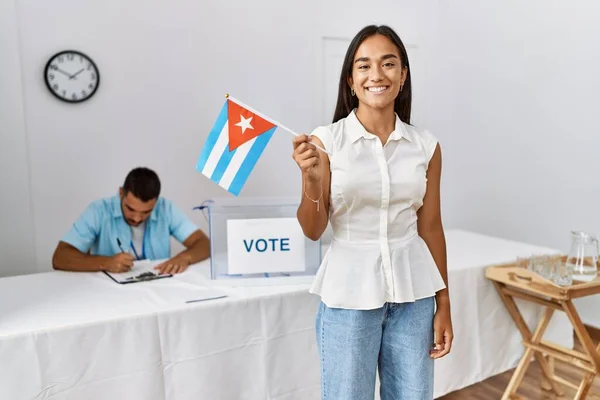 Young Cuban Voter Woman Smiling Happy Holding Cuba Flag Electoral — Stock Photo, Image