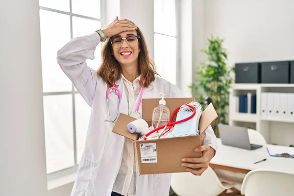 Young Doctor Woman Holding Box Medical Items Stressed Frustrated Hand —  Fotos de Stock