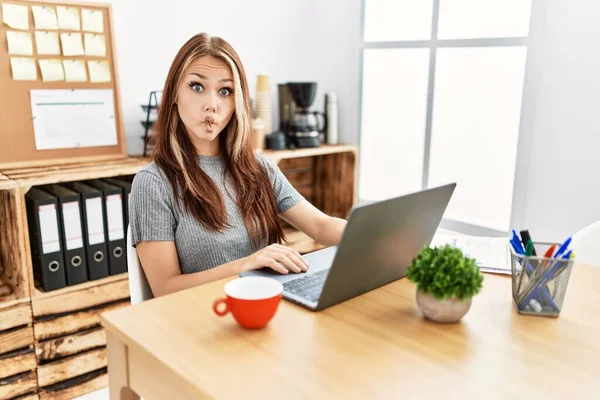 Young Brunette Woman Working Office Laptop Making Fish Face Lips — Photo