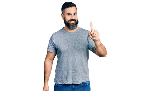 Hispanic Man Beard Wearing Casual Grey Shirt Smiling Idea Question — Zdjęcie stockowe