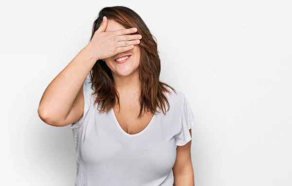 Young Size Woman Wearing Casual White Shirt Smiling Laughing Hand — Foto Stock