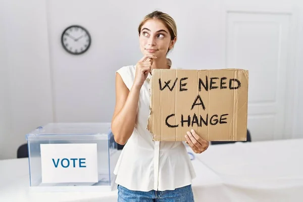 Young Blonde Woman Political Election Holding Need Change Banner Serious — Stockfoto