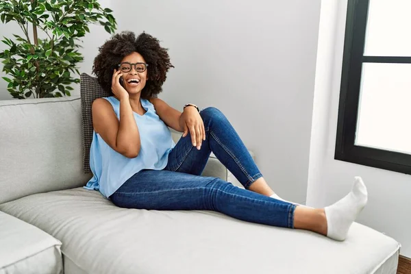 Young African American Woman Smiling Confident Talking Smartphone Home — Fotografia de Stock