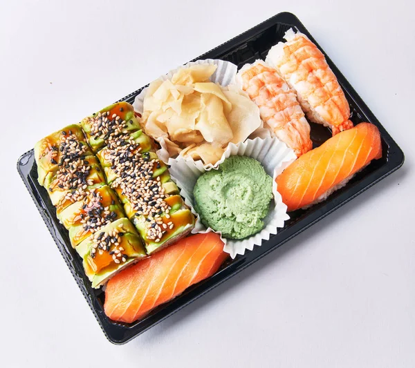 Delivery Tray Avocado Uramaki Sushi Nigiris Isolated White Background — Stock Photo, Image