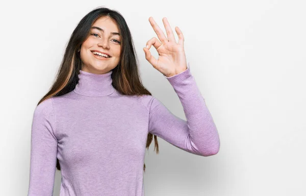 Young Beautiful Teen Girl Wearing Turtleneck Sweater Smiling Positive Doing — Stock fotografie