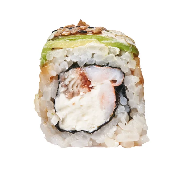 Single Garnalen Kaas Crème Uramaki Sushi Geïsoleerd Witte Achtergrond — Stockfoto