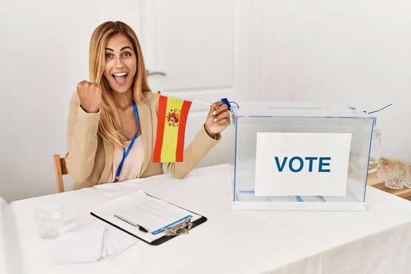 Blonde Beautiful Young Woman Political Campaign Election Holding Spain Flag — Fotografia de Stock