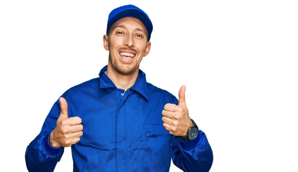 Bald Man Beard Wearing Builder Jumpsuit Uniform Success Sign Doing — Foto Stock