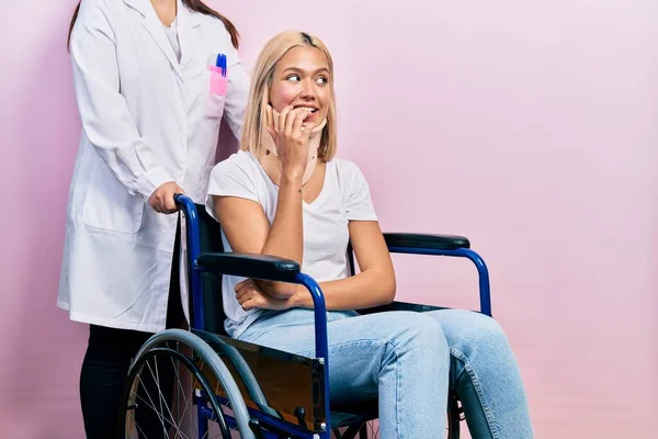 Beautiful Blonde Woman Sitting Wheelchair Collar Neck Looking Stressed Nervous — Stock Photo, Image