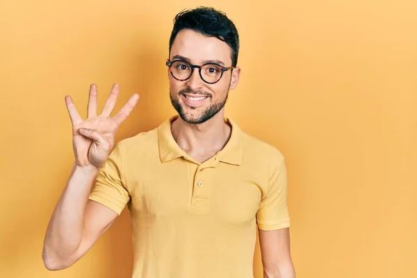 Young Hispanic Man Wearing Casual Clothes Glasses Showing Pointing Fingers — Stock Photo, Image