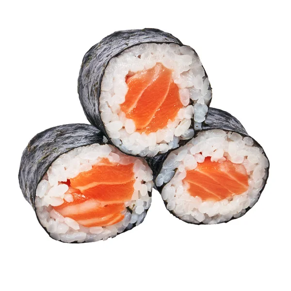 Groep Zalm Sushi Maki Geïsoleerd Witte Achtergrond — Stockfoto