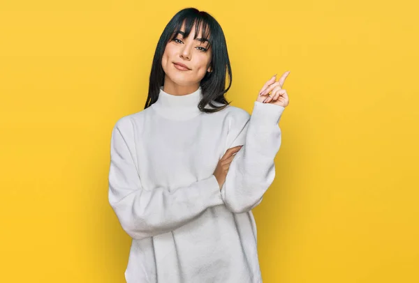 Young Brunette Woman Bangs Wearing Casual Turtleneck Sweater Big Smile — Fotografia de Stock