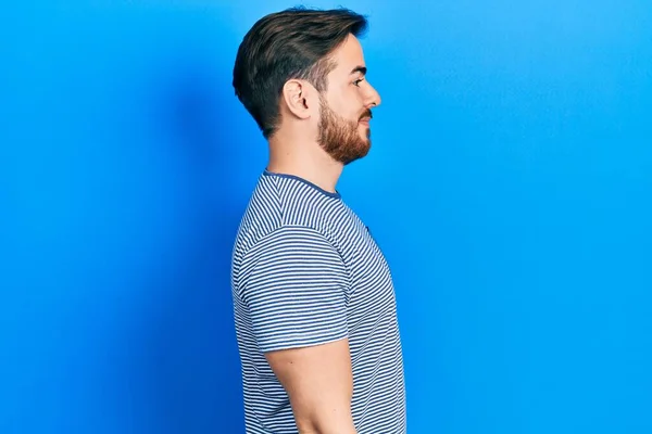Handsome Caucasian Man Beard Wearing Casual Striped Shirt Looking Side —  Fotos de Stock