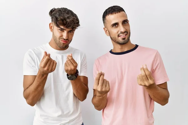 Young Gay Couple Standing Isolated Background Doing Money Gesture Hands — Stock fotografie