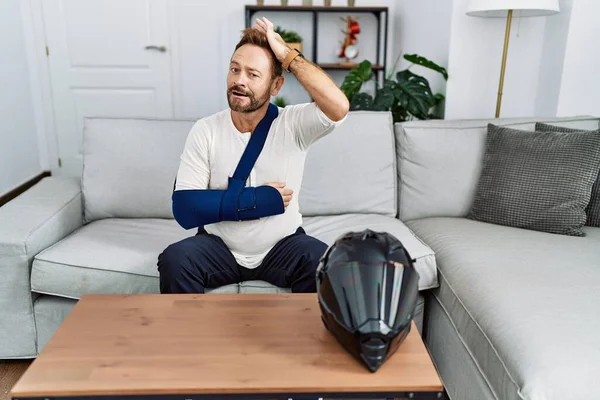 Middle Age Man Beard Wearing Arm Sling Because Motorbike Accident — Stockfoto