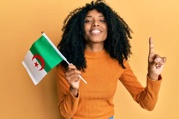 African American Woman Afro Hair Holding Algeria Flag Smiling Idea — Stock Photo, Image
