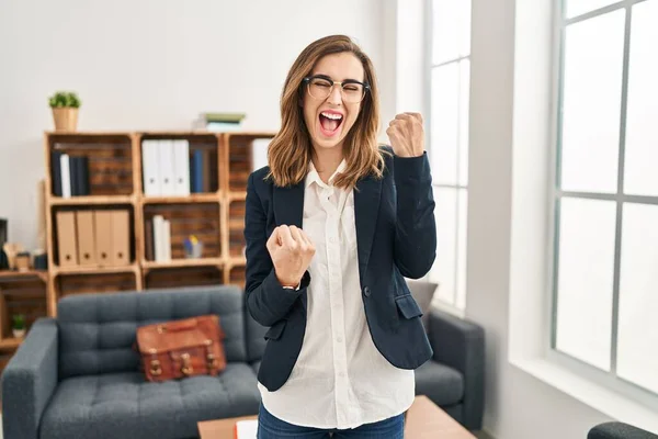 Young Woman Working Consultation Office Celebrating Surprised Amazed Success Arms — Stockfoto