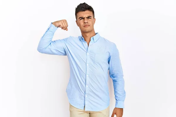 Young Hispanic Man Wearing Business Shirt Standing Isolated Background Strong — ストック写真