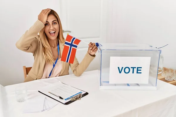 Blonde Beautiful Young Woman Political Campaign Election Holding Norway Flag — стоковое фото