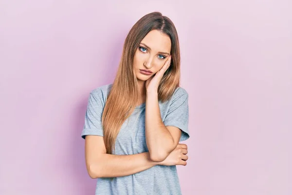 Young Blonde Girl Wearing Casual Shirt Thinking Looking Tired Bored — 스톡 사진